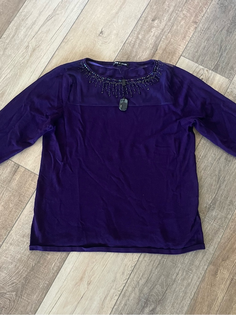 Cable & Gauge Embellished Beaded Mesh Neck Knit Top Purple XL NWT